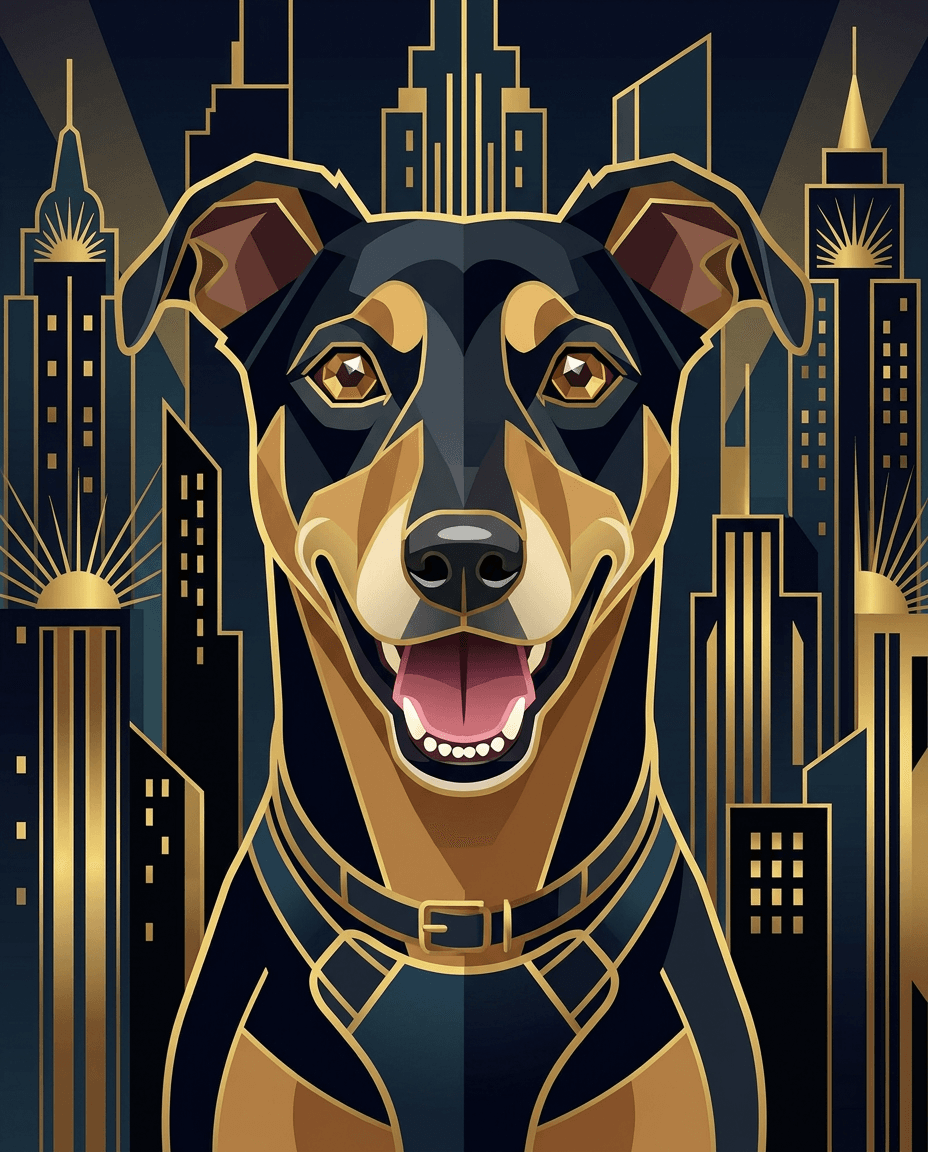 Art Deco pet portrait of a Doberman with gold linework and geometric skyline backdrop, generated by Furcasso