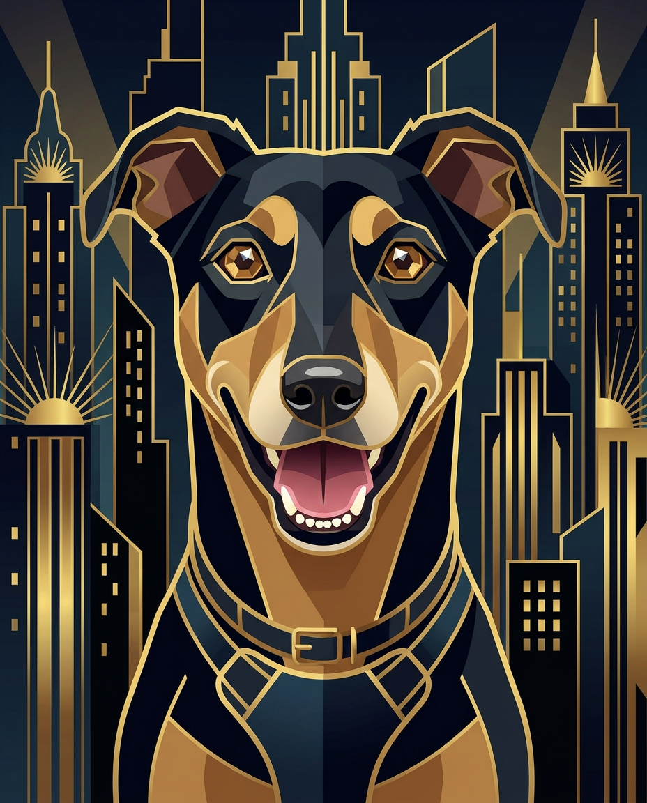 Art Deco pet portrait of a Doberman with gold linework and geometric skyline backdrop, generated by Furcasso
