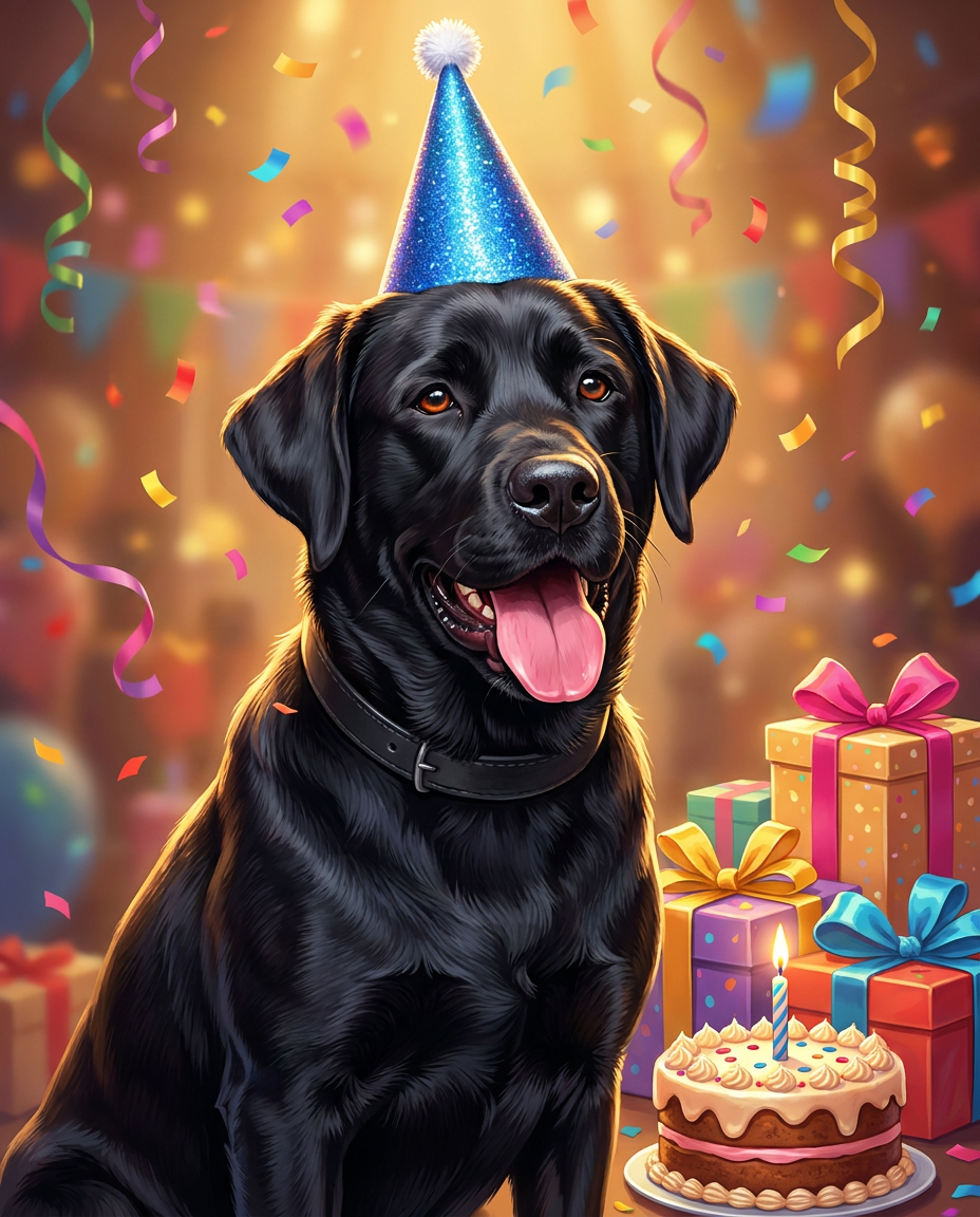 Birthday pet portrait of a black Labrador wearing a party hat with cake and presents, generated by Furcasso