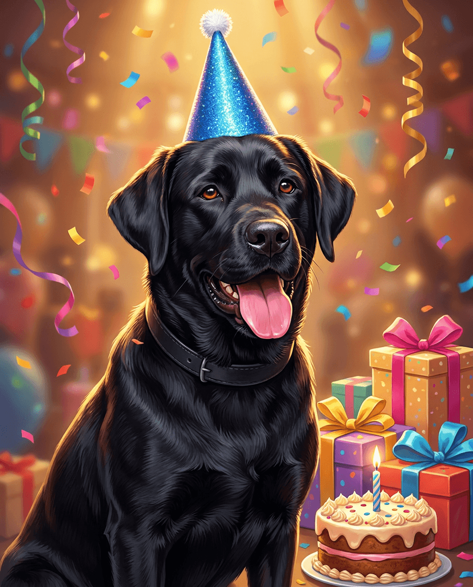 Birthday pet portrait of a black Labrador wearing a party hat with cake and presents, generated by Furcasso
