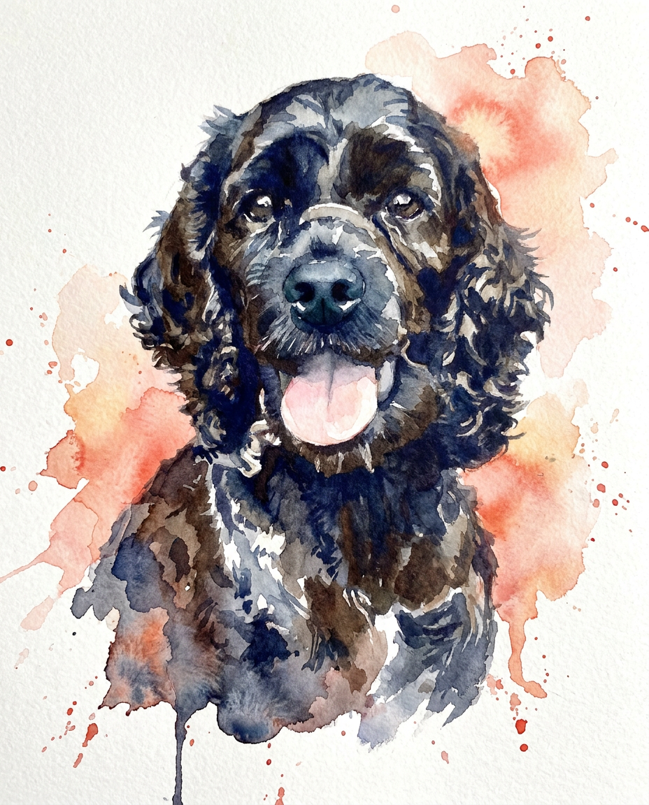 Watercolour portrait of a black Cockapoo with warm coral splash background, generated by Furcasso