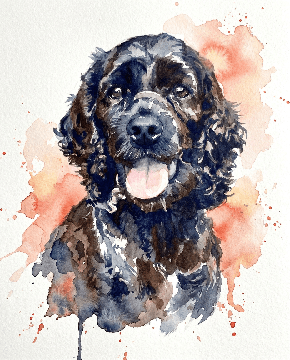 Watercolour portrait of a black Cockapoo with warm coral splash background, generated by Furcasso