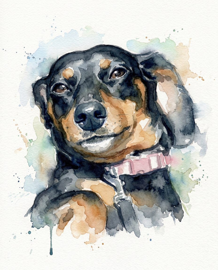 Watercolour portrait of a black and tan Dachshund with soft splash background, generated by Furcasso