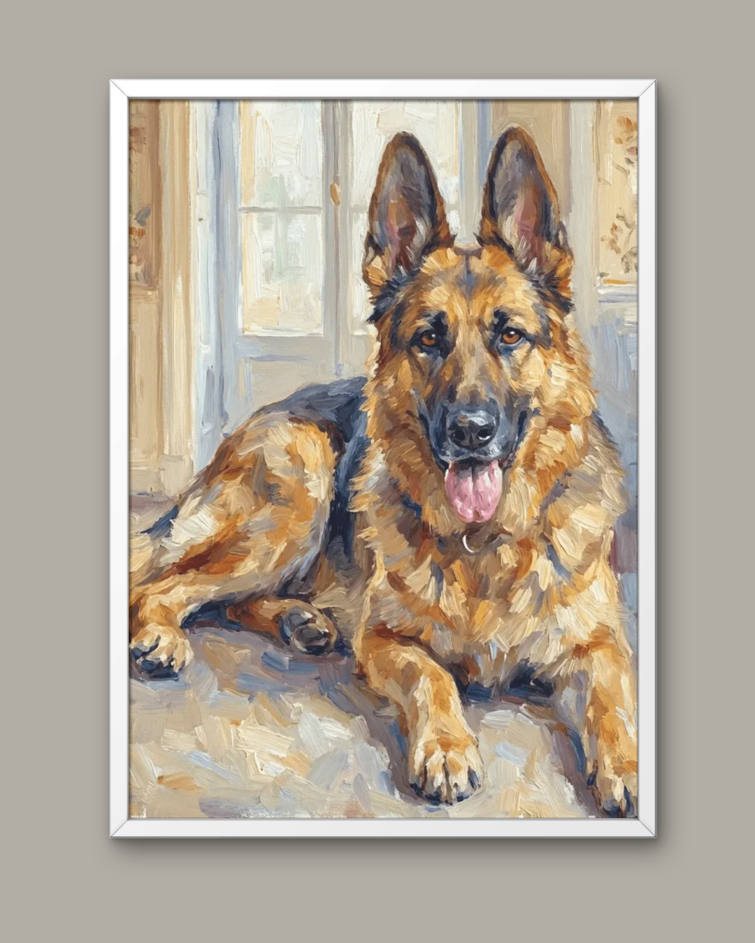 Framed oil painting pet portrait of a German Shepherd in a white frame on a wall, by Furcasso