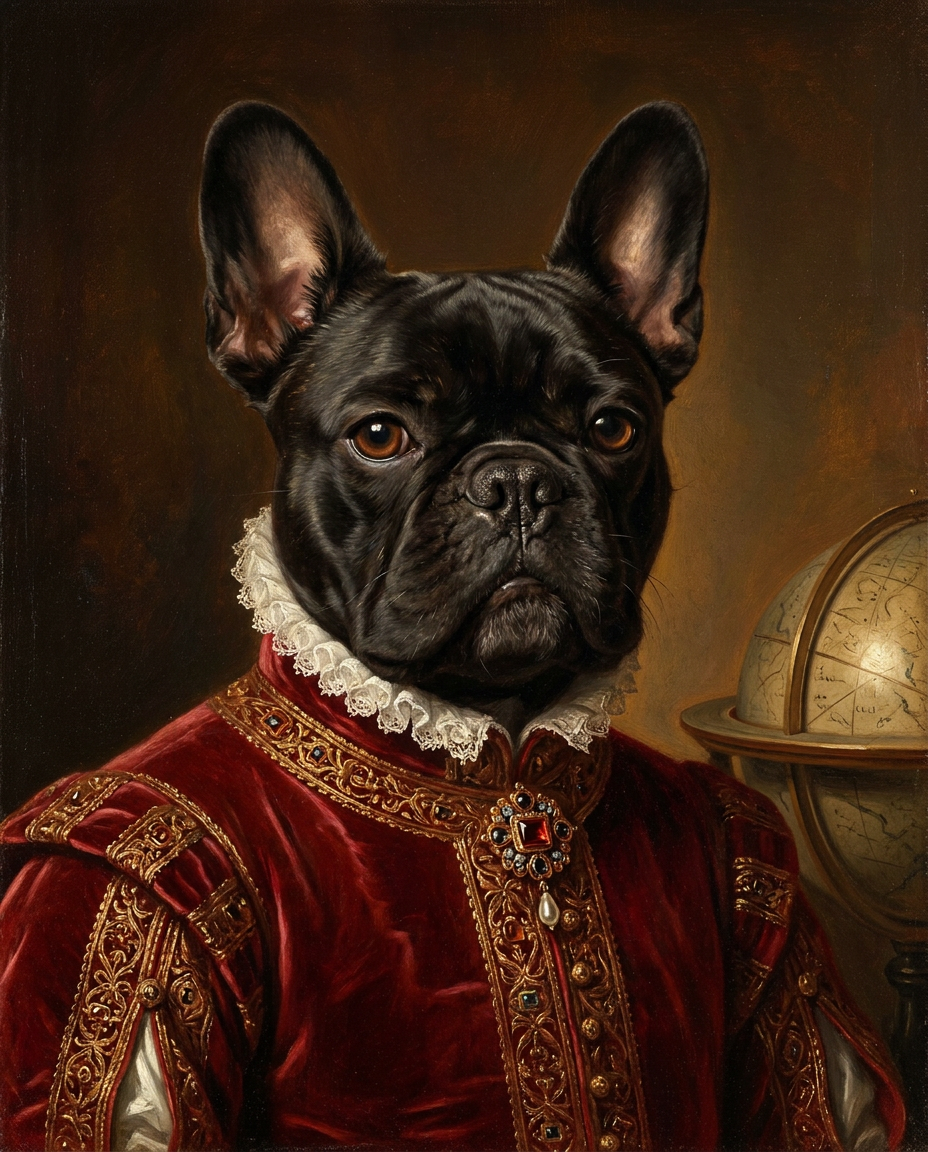 Renaissance Old Masters portrait of a black French Bulldog in red velvet robes, generated by Furcasso