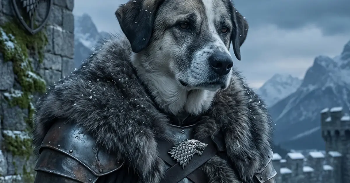 Dog portrait in epic Fire & Crown fantasy style