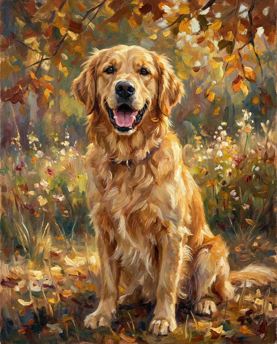 Oil painting portrait of a Golden Retriever in an autumn meadow, generated by Furcasso