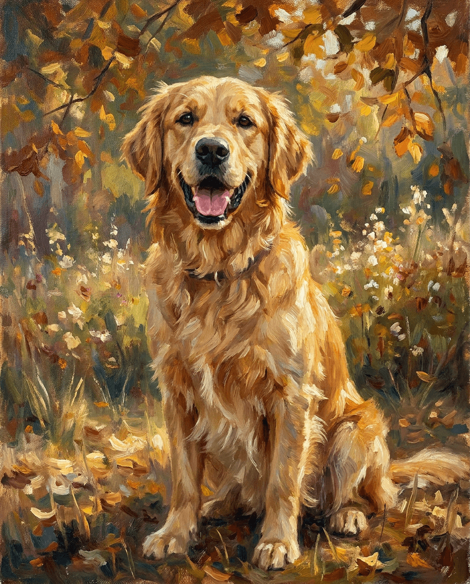Oil painting portrait of a Golden Retriever in an autumn meadow, generated by Furcasso