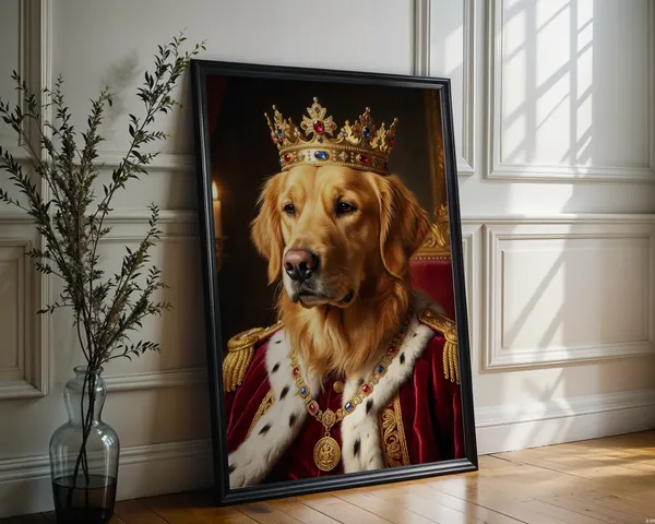 Finished golden retriever royal portrait in ornate gold frame on wall