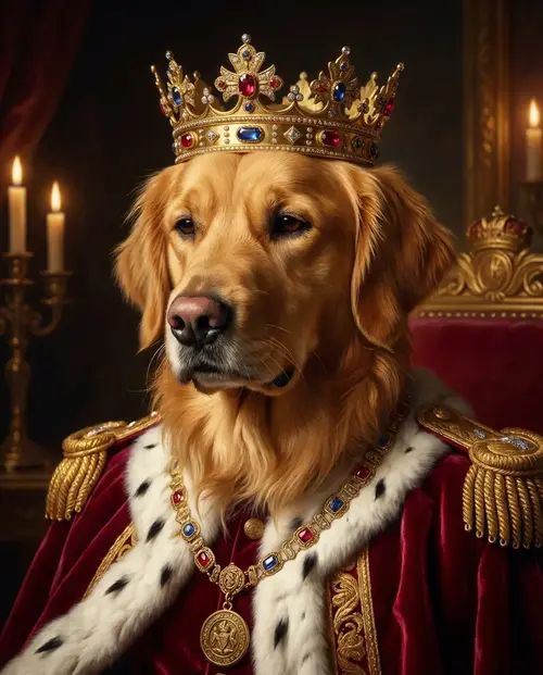 Golden retriever transformed into royal portrait painting