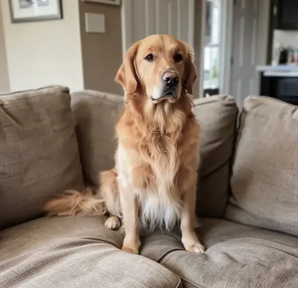 Golden retriever casual phone photo on sofa