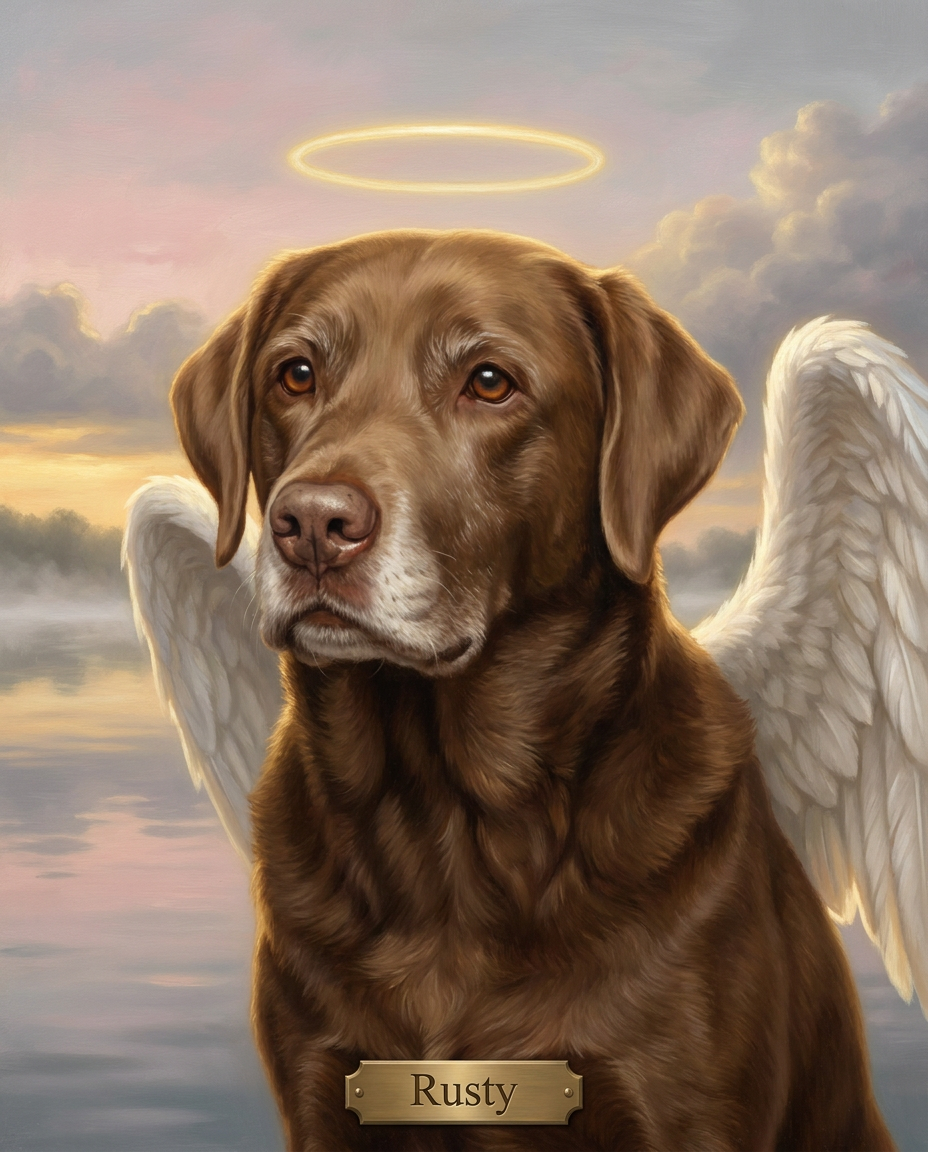 Memorial oil painting portrait of a chocolate Labrador with halo and angel wings, generated by Furcasso