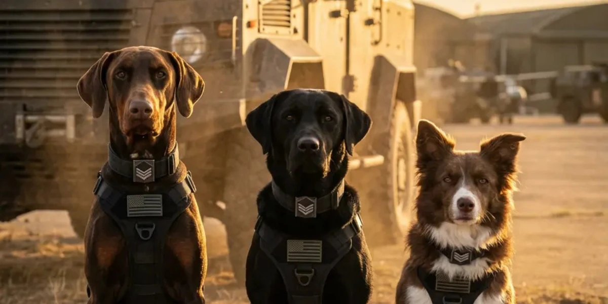 Custom multi pet portrait with three dogs in tactical gear, created from separate photos