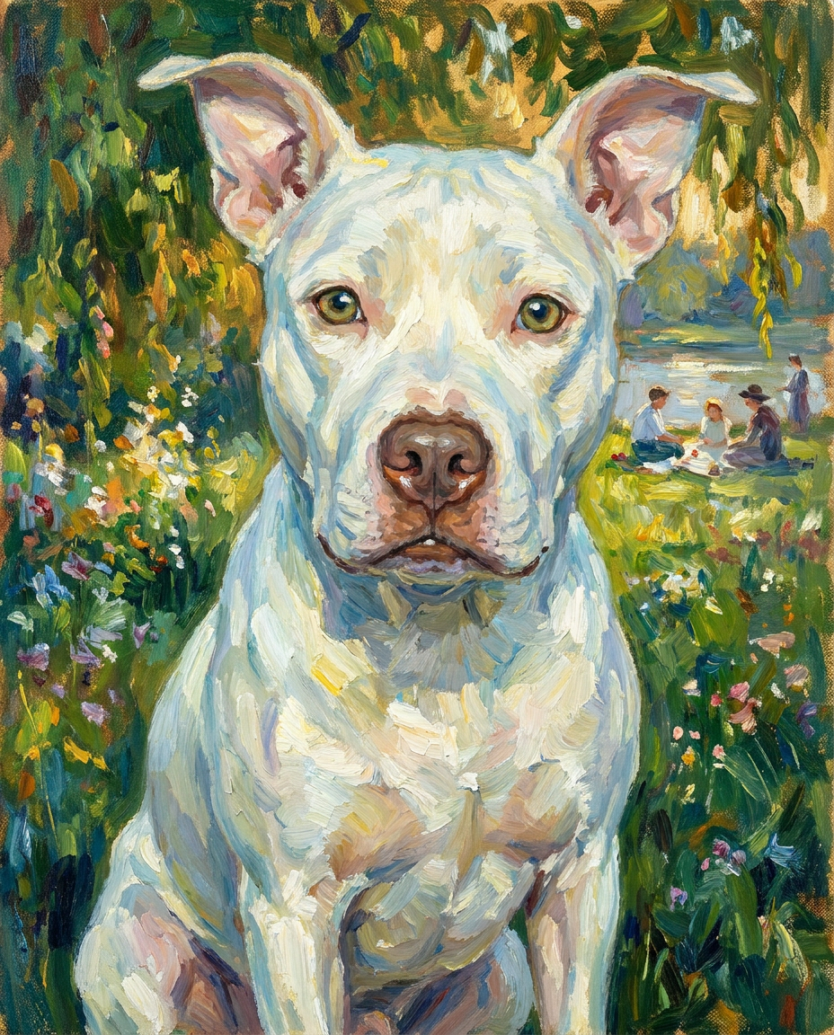 Impressionist oil painting pet portrait of a white pit bull in a sunlit garden, generated by Furcasso
