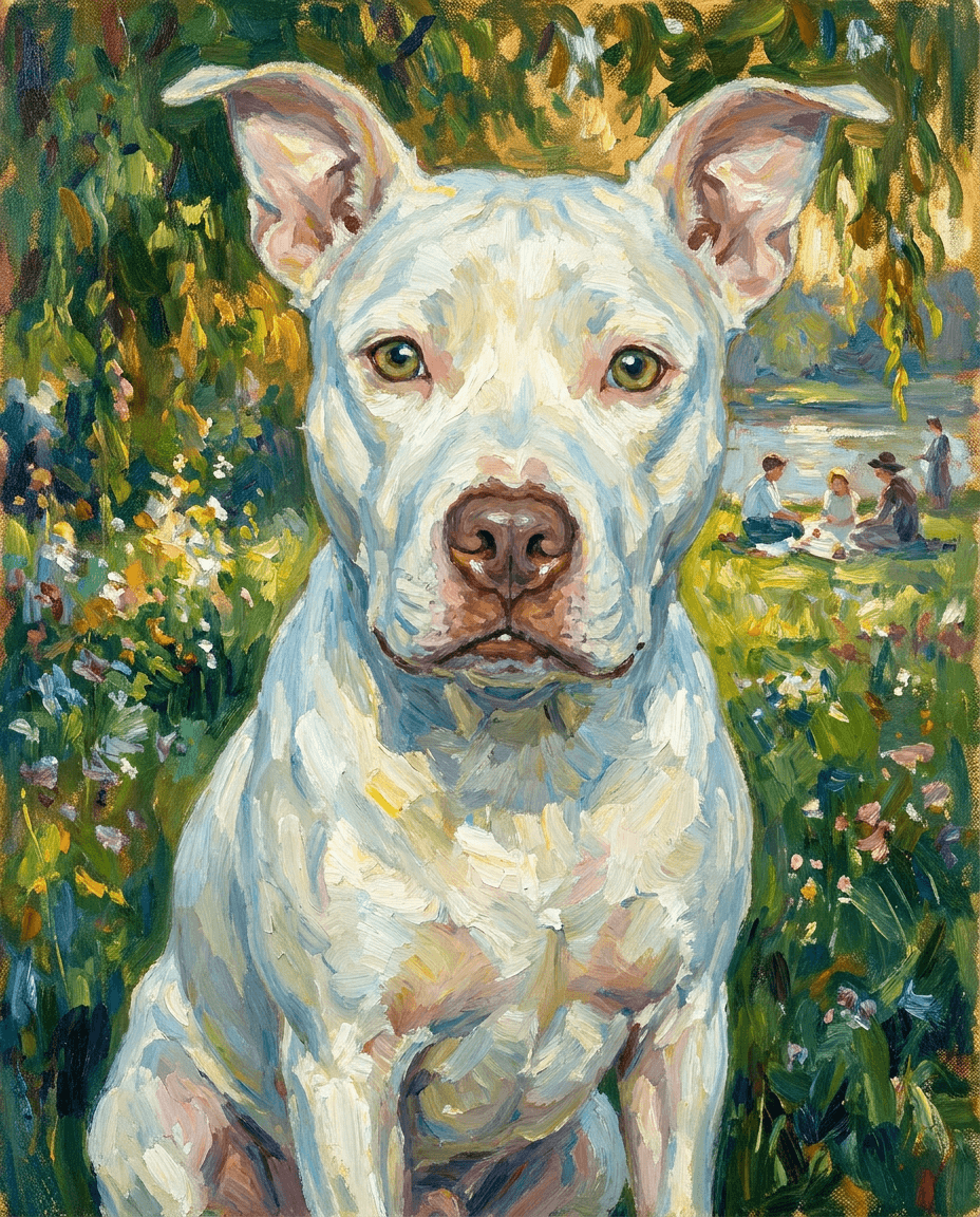 Impressionist oil painting pet portrait of a white pit bull in a sunlit garden, generated by Furcasso