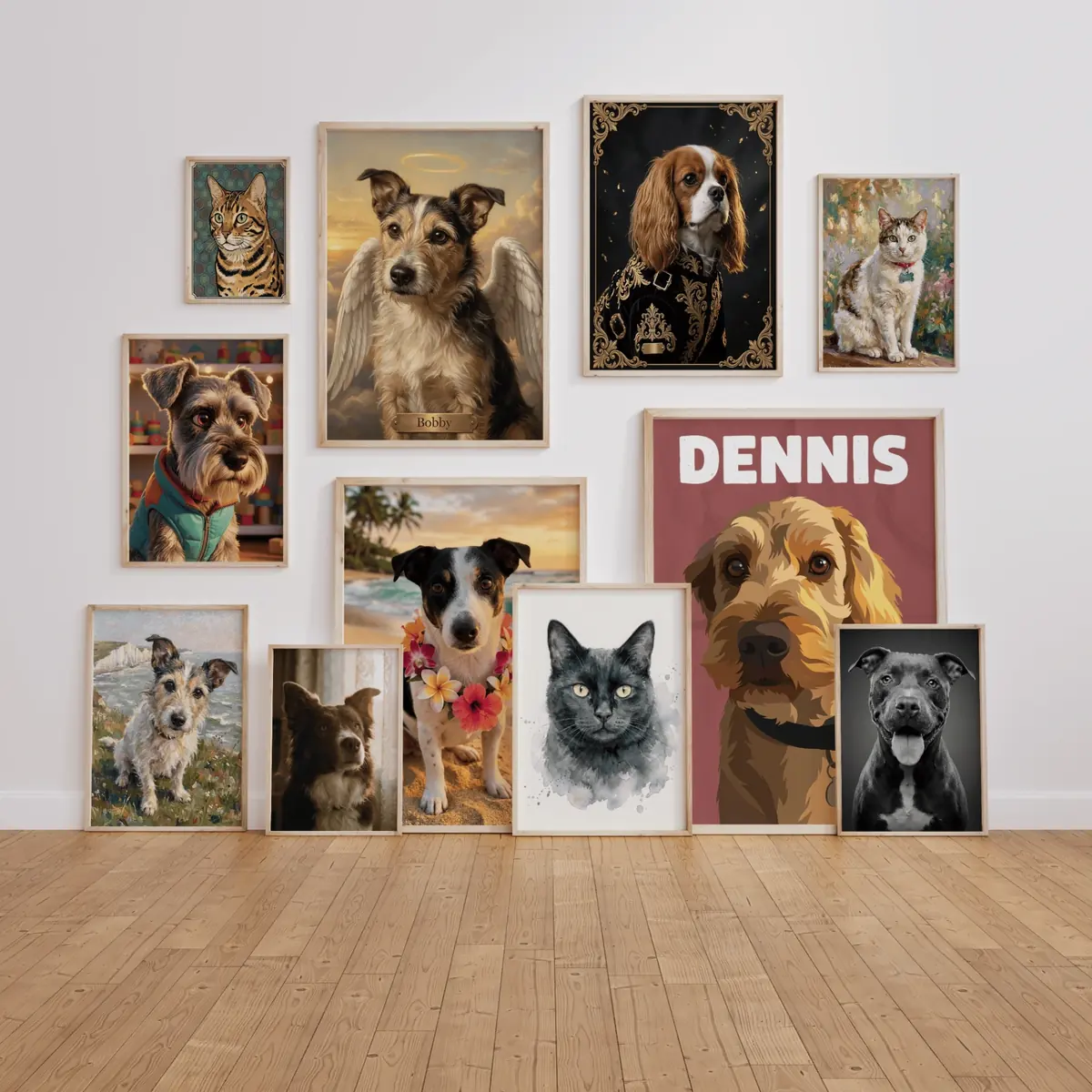 Gallery wall of framed pet portraits in a variety of styles